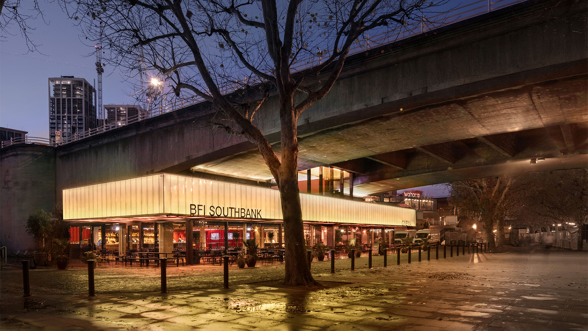 BFI Southbank's riverfront exterior beneath Waterloo Bridge